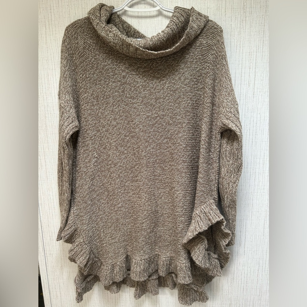 Alya Tan & White Heathered Cowl Neck Sweater with Ruffle Edge Design M/L